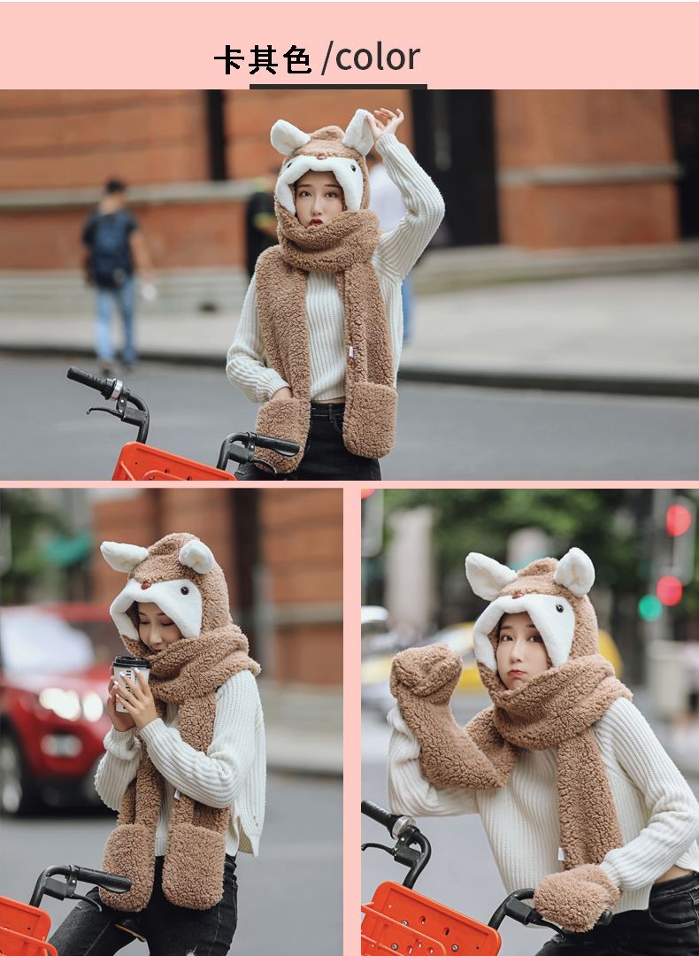 A versatile and cute little ear warm double-layer thickened female autumn and winter fairy hat and scarf two-piece set, a one-piece hat detail image 10