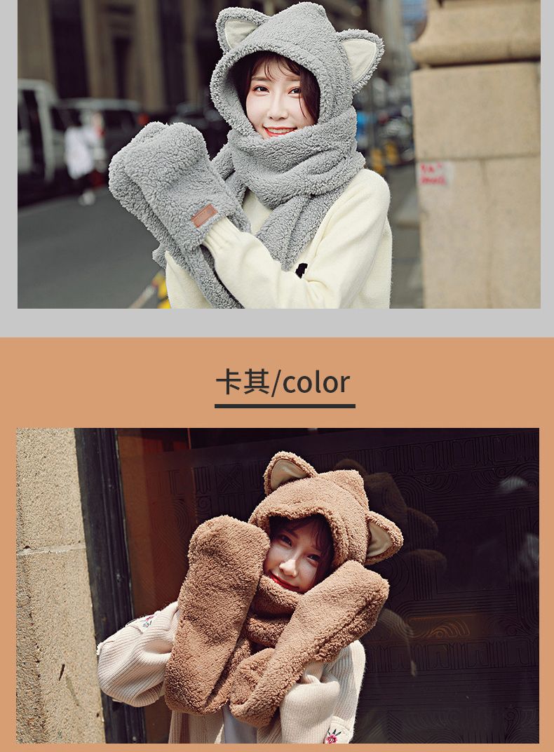 A plush hat, scarf and gloves set for a cute winter girl with thick cat ears and warm three-piece cycling neck detail image 14