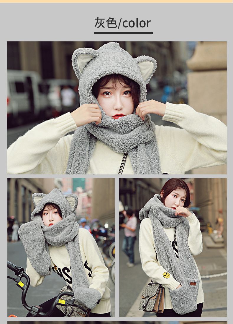 A plush hat, scarf and gloves set for a cute winter girl with thick cat ears and warm three-piece cycling neck detail image 13