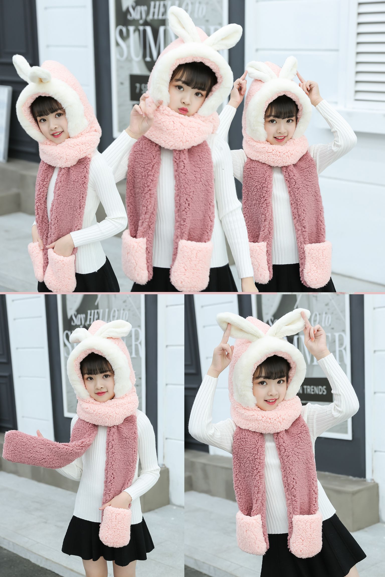 Gloves Scarf Children's Hat Hairy Big Child Panda Coral Velvet Three Ears Winter Cap Boy Baby One undefined