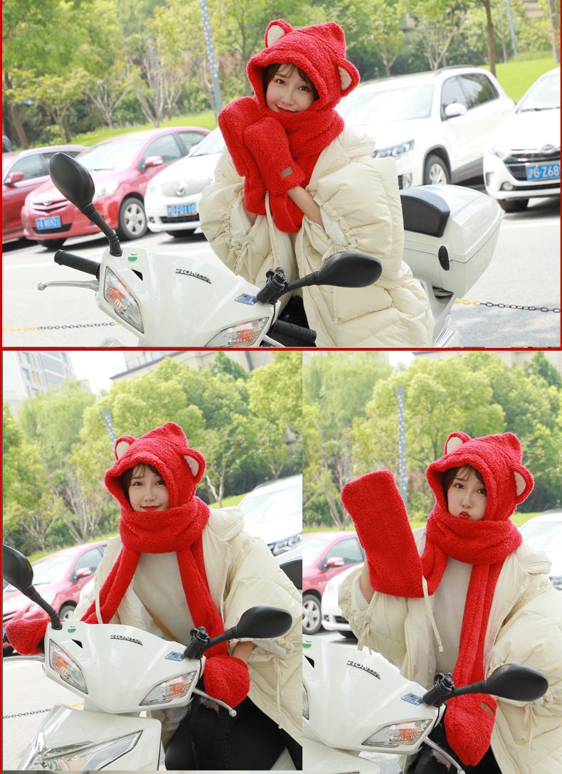 A plush hat, scarf and gloves set for a cute winter girl with thick cat ears and warm three-piece cycling neck detail image 19