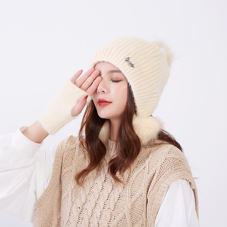 Solid-color knitted hat with gloves for women's outdoor bell-shaped warm hat in autumn and winter, Korean-style non-pilling flat border windbreaker undefined