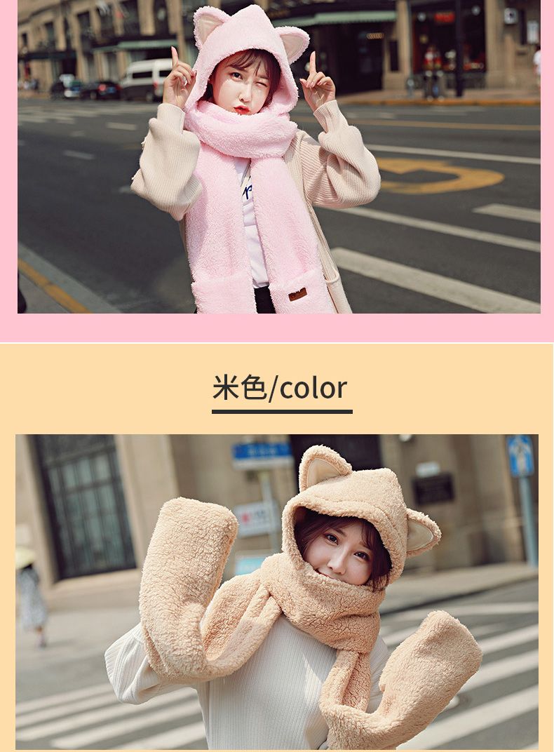 A plush hat, scarf and gloves set for a cute winter girl with thick cat ears and warm three-piece cycling neck detail image 11