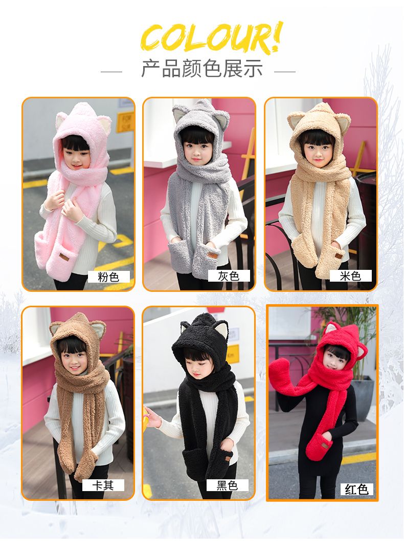 A practical and cute one-piece hat and scarf with little bear ears. A fluffy lambskin scarf for winter girls to keep warm detail image 5