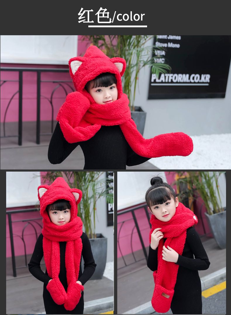 A practical and cute one-piece hat and scarf with little bear ears. A fluffy lambskin scarf for winter girls to keep warm detail image 16