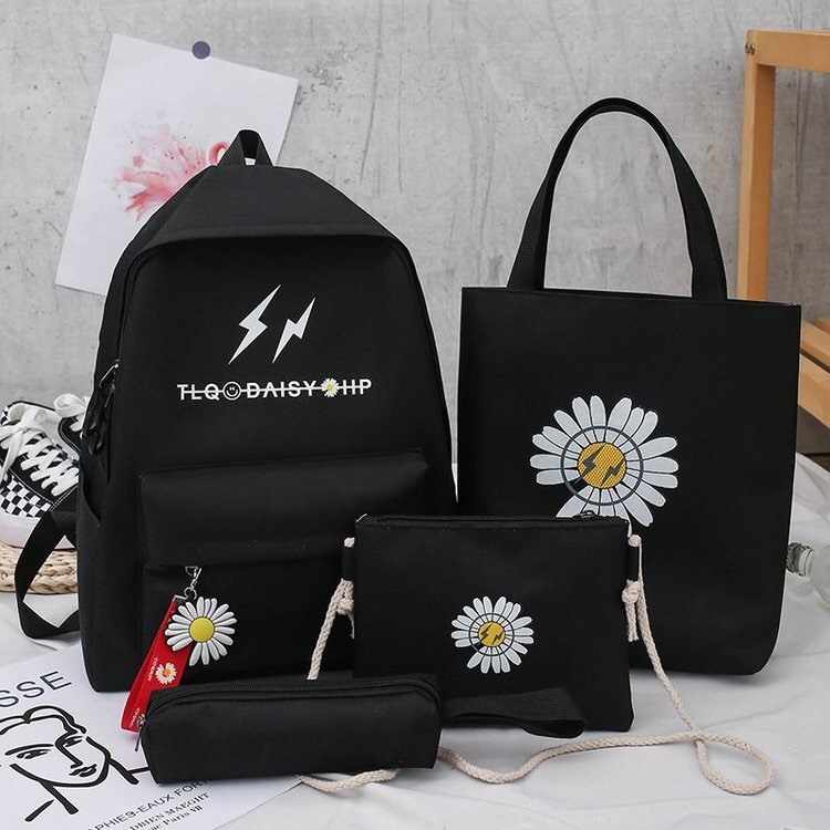 Korean version of the casual student four-piece backpack with a large Daisy pattern details Picture
