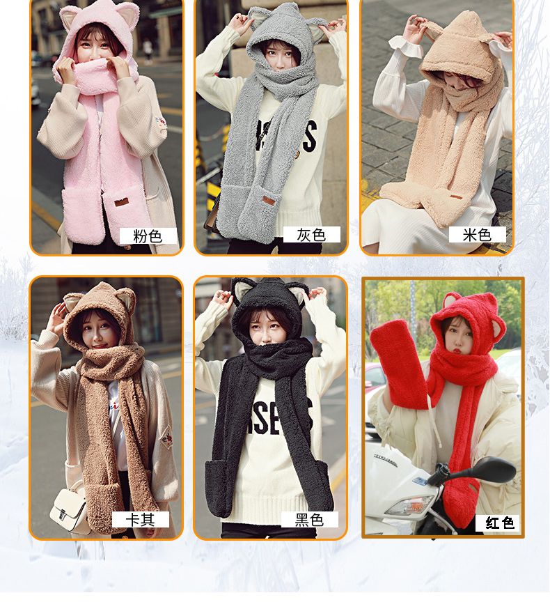 A plush hat, scarf and gloves set for a cute winter girl with thick cat ears and warm three-piece cycling neck detail image 9