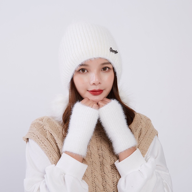 Solid-color knitted hat with gloves for women's outdoor bell-shaped warm hat in autumn and winter, Korean-style non-pilling flat border windbreaker Specification image