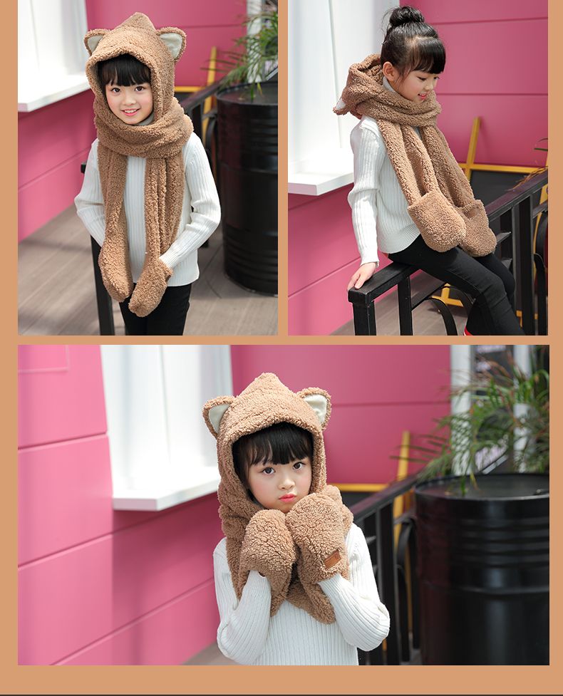 A practical and cute one-piece hat and scarf with little bear ears. A fluffy lambskin scarf for winter girls to keep warm detail image 12