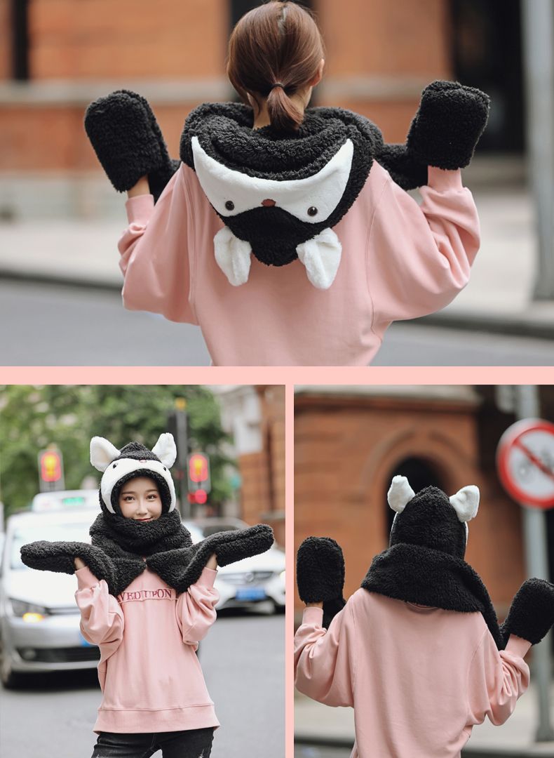 A versatile and cute little ear warm double-layer thickened female autumn and winter fairy hat and scarf two-piece set, a one-piece hat detail image 13