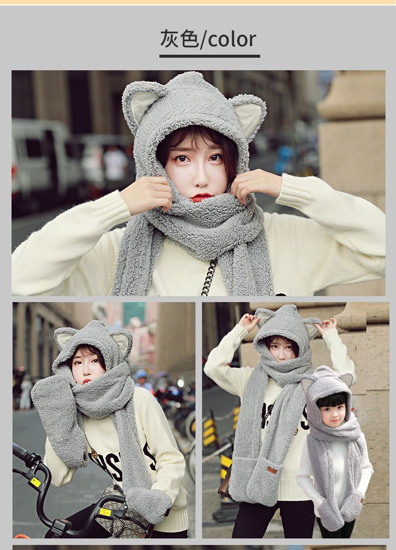 Winter thickened bear ears, one-piece scarf and hat, lambskin scarf, Korean version, cute and versatile, plush girl student detail image 13