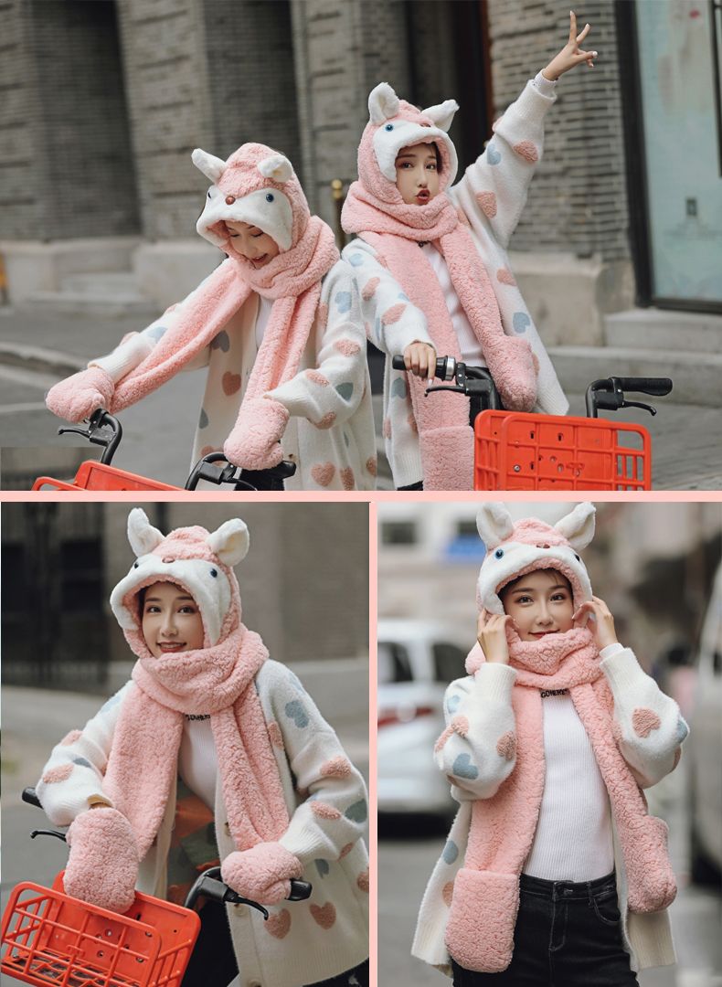 A versatile and cute little ear warm double-layer thickened female autumn and winter fairy hat and scarf two-piece set, a one-piece hat detail image 17