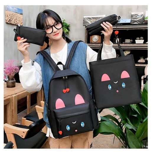 Korean version of the casual student four-piece backpack with long-eared rabbits Item Picture