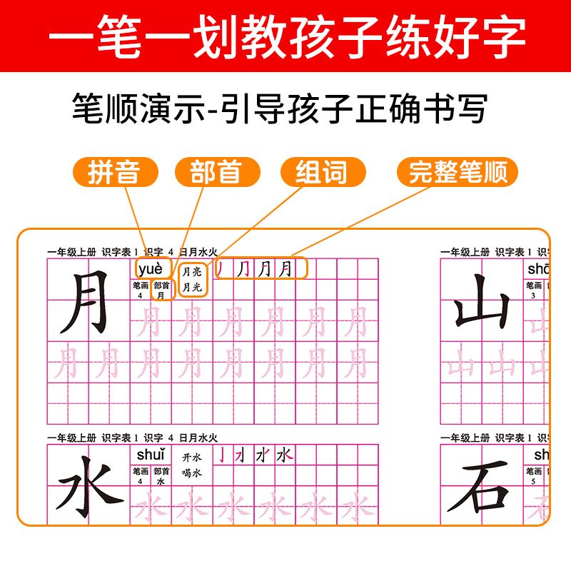 一年级识字表+写字表上下全10册 与部编版小学语文教材同步描红本白底实物图