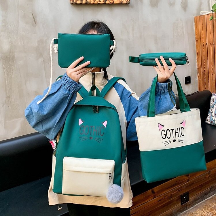 Korean school style four-piece student backpack letter cat Item Picture