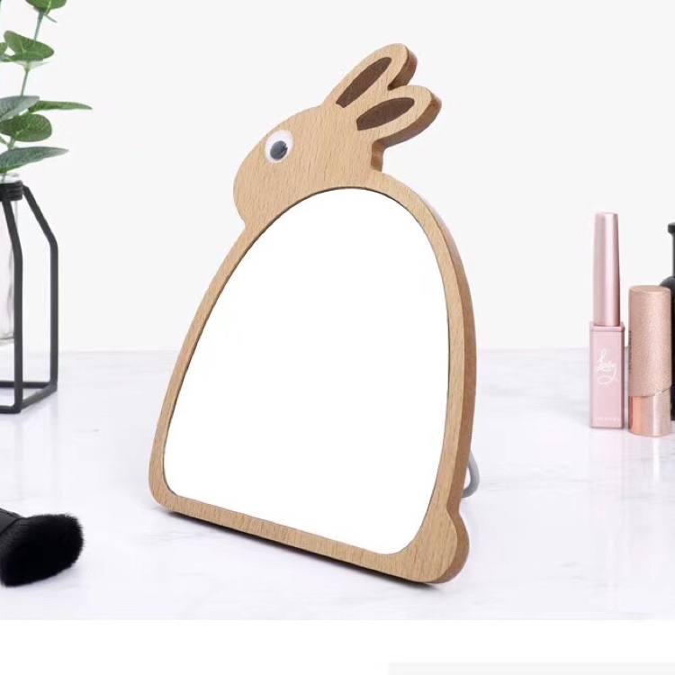 Cuddly pet rabbit wooden table mirror