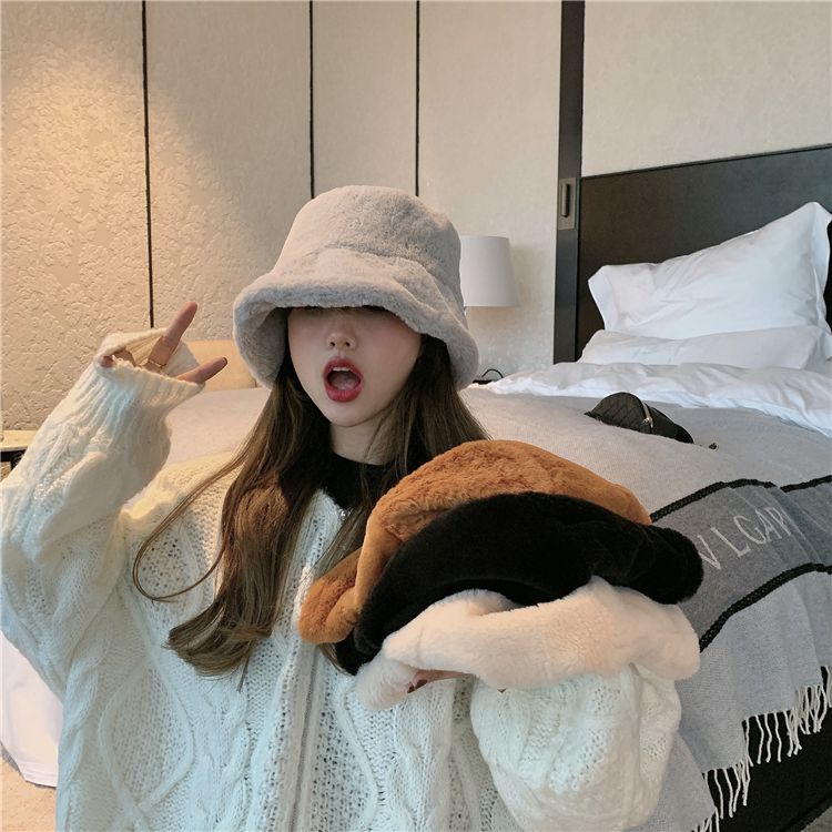 Flat Top Japanese Fisherman Hat Basin Hat With Solid Color Warm Thick Autumn And Winter Korean Version Of Instagram Tide Imitation Fur Hat Woman full figure