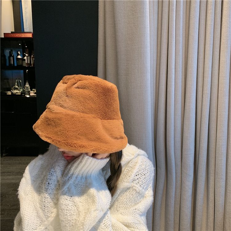 Flat Top Japanese Fisherman Hat Basin Hat With Solid Color Warm Thick Autumn And Winter Korean Version Of Instagram Tide Imitation Fur Hat Woman details Picture