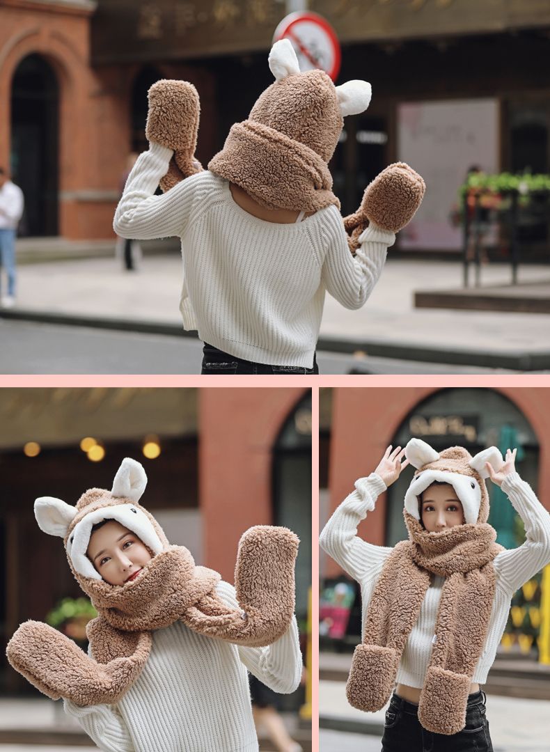 A versatile and cute little ear warm double-layer thickened female autumn and winter fairy hat and scarf two-piece set, a one-piece hat detail image 11