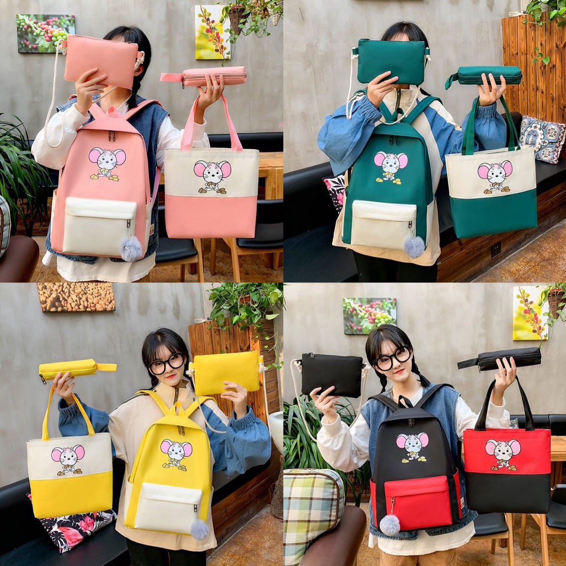 Versión coreana casual estudiante de cuatro piezas mochila con patrón de rata