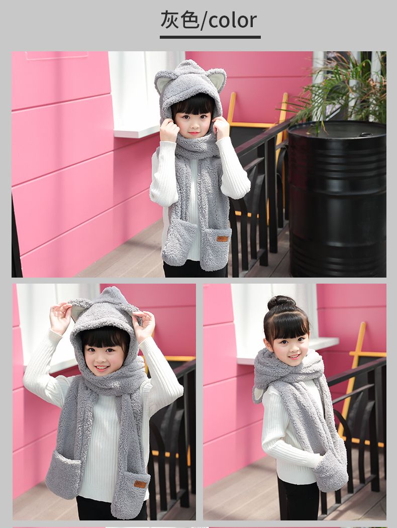 A practical and cute one-piece hat and scarf with little bear ears. A fluffy lambskin scarf for winter girls to keep warm detail image 10