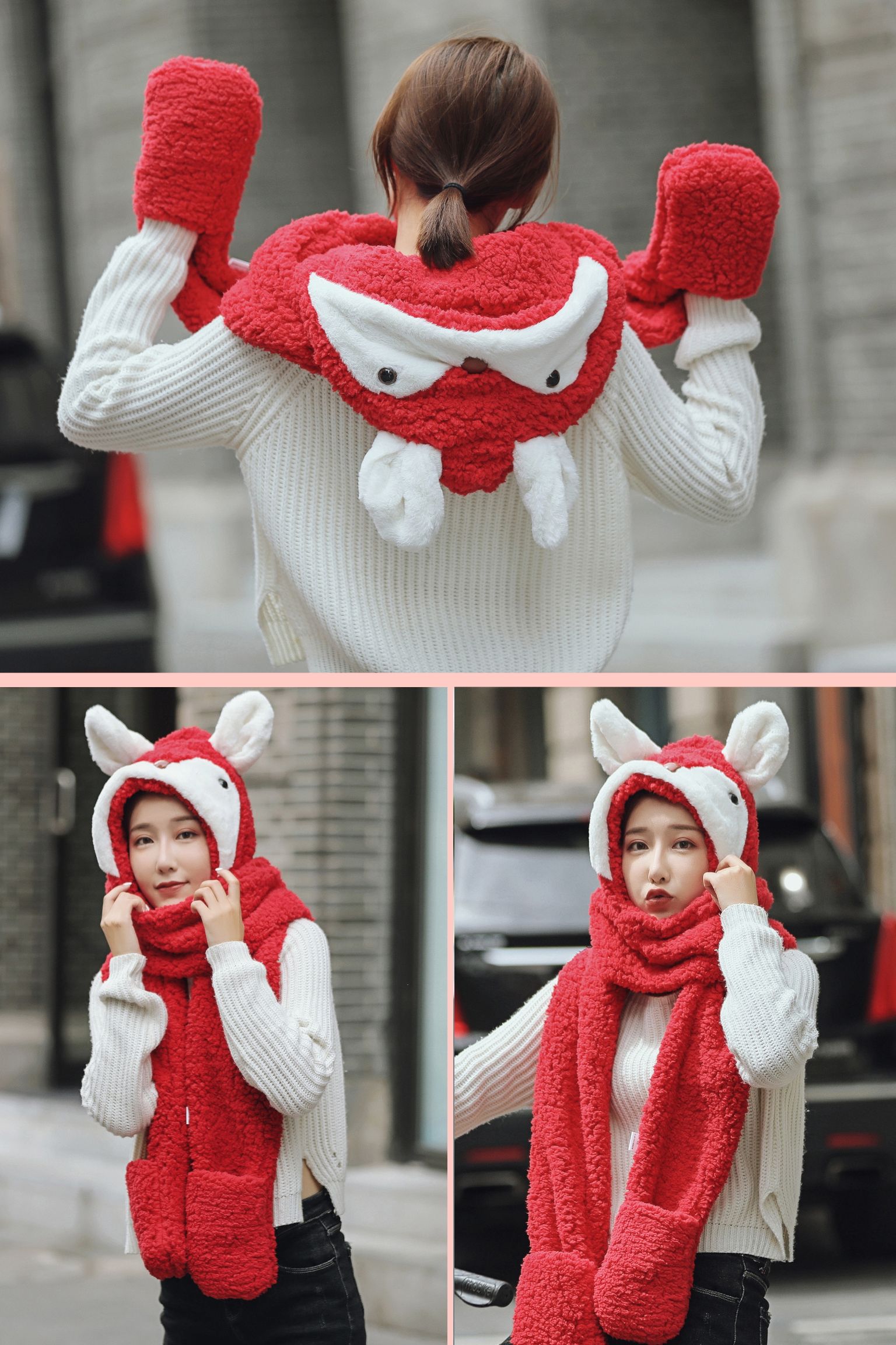 A versatile and cute little ear warm double-layer thickened female autumn and winter fairy hat and scarf two-piece set, a one-piece hat detail image 9