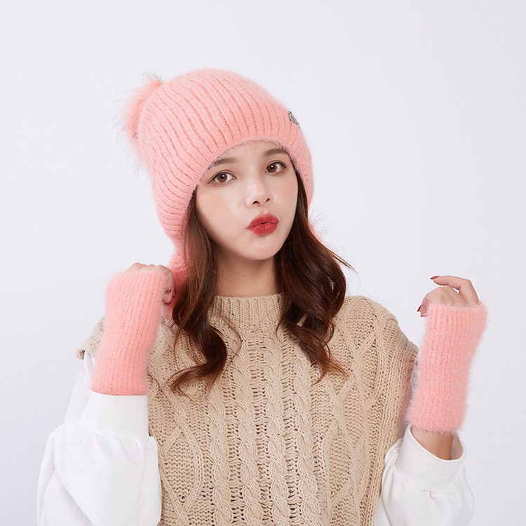 Solid-color knitted hat with gloves for women's outdoor bell-shaped warm hat in autumn and winter, Korean-style non-pilling flat border windbreaker details Picture