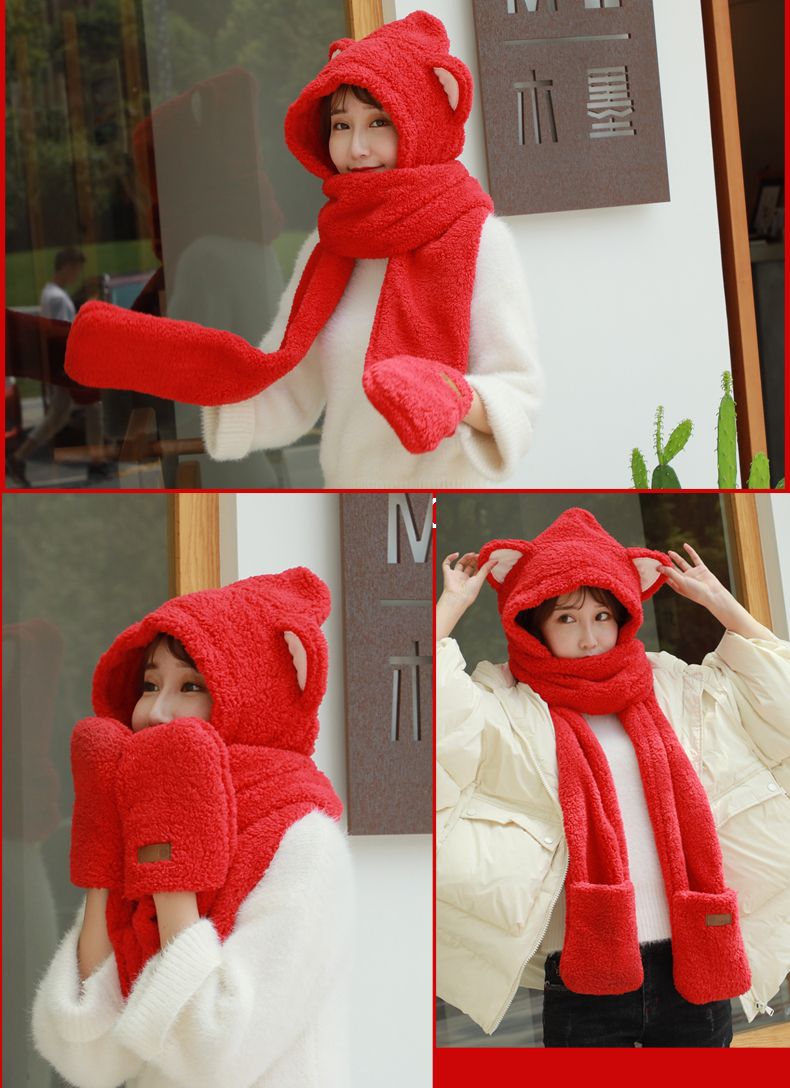 A plush hat, scarf and gloves set for a cute winter girl with thick cat ears and warm three-piece cycling neck detail image 18