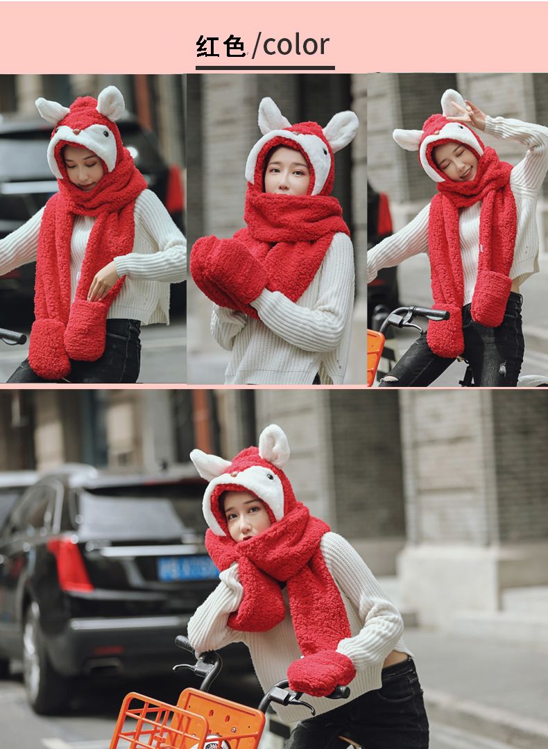 A versatile and cute little ear warm double-layer thickened female autumn and winter fairy hat and scarf two-piece set, a one-piece hat detail image 8