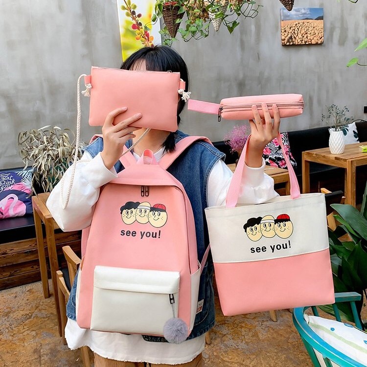 ins Korean version casual student backpack printed four-piece set details Picture