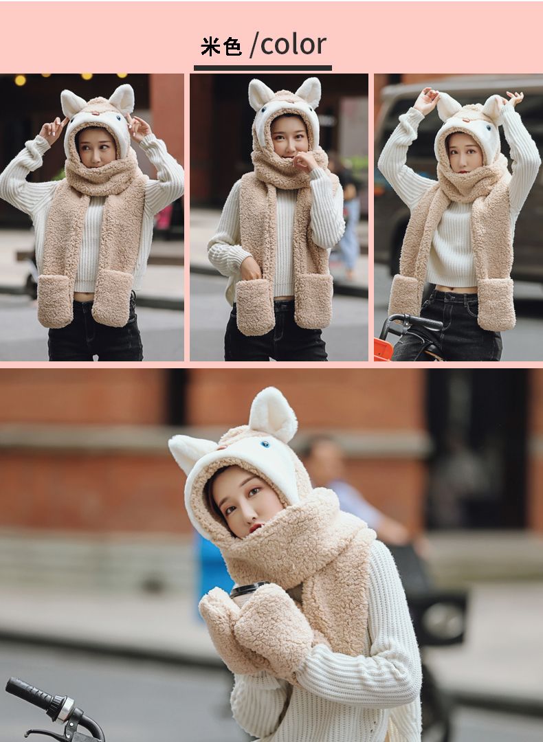 A versatile and cute little ear warm double-layer thickened female autumn and winter fairy hat and scarf two-piece set, a one-piece hat detail image 15