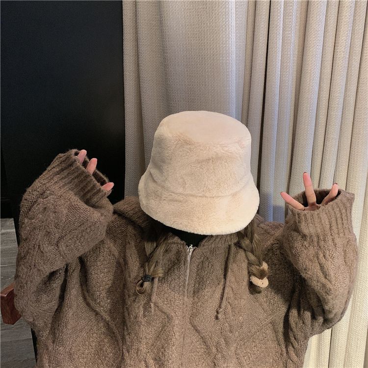 Flat Top Japanese Fisherman Hat Basin Hat With Solid Color Warm Thick Autumn And Winter Korean Version Of Instagram Tide Imitation Fur Hat Woman undefined