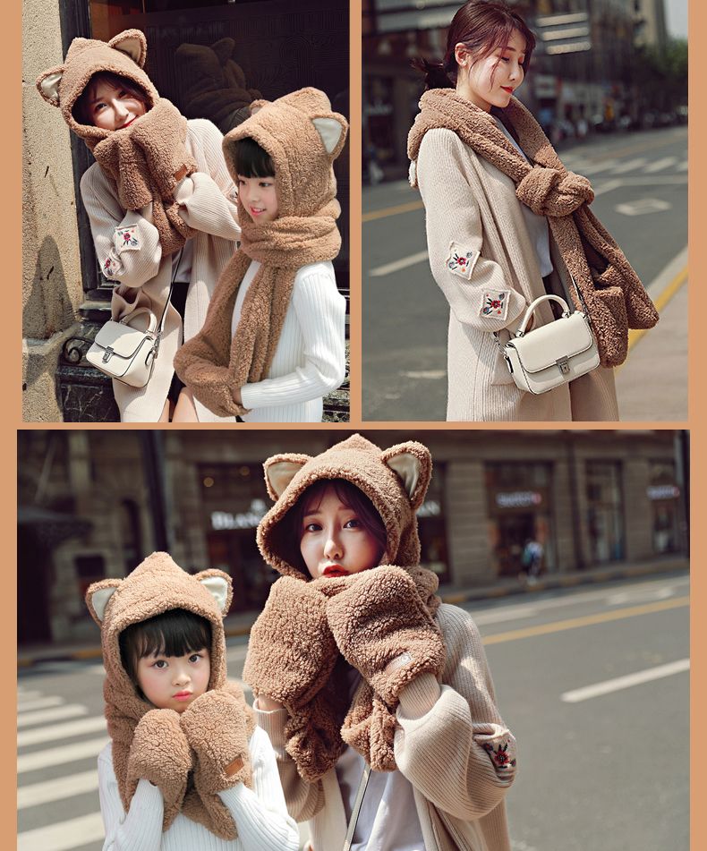 Winter thickened bear ears, one-piece scarf and hat, lambskin scarf, Korean version, cute and versatile, plush girl student detail image 15