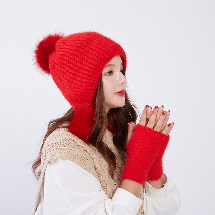 Solid-color knitted hat with gloves for women's outdoor bell-shaped warm hat in autumn and winter, Korean-style non-pilling flat border windbreaker Item Picture