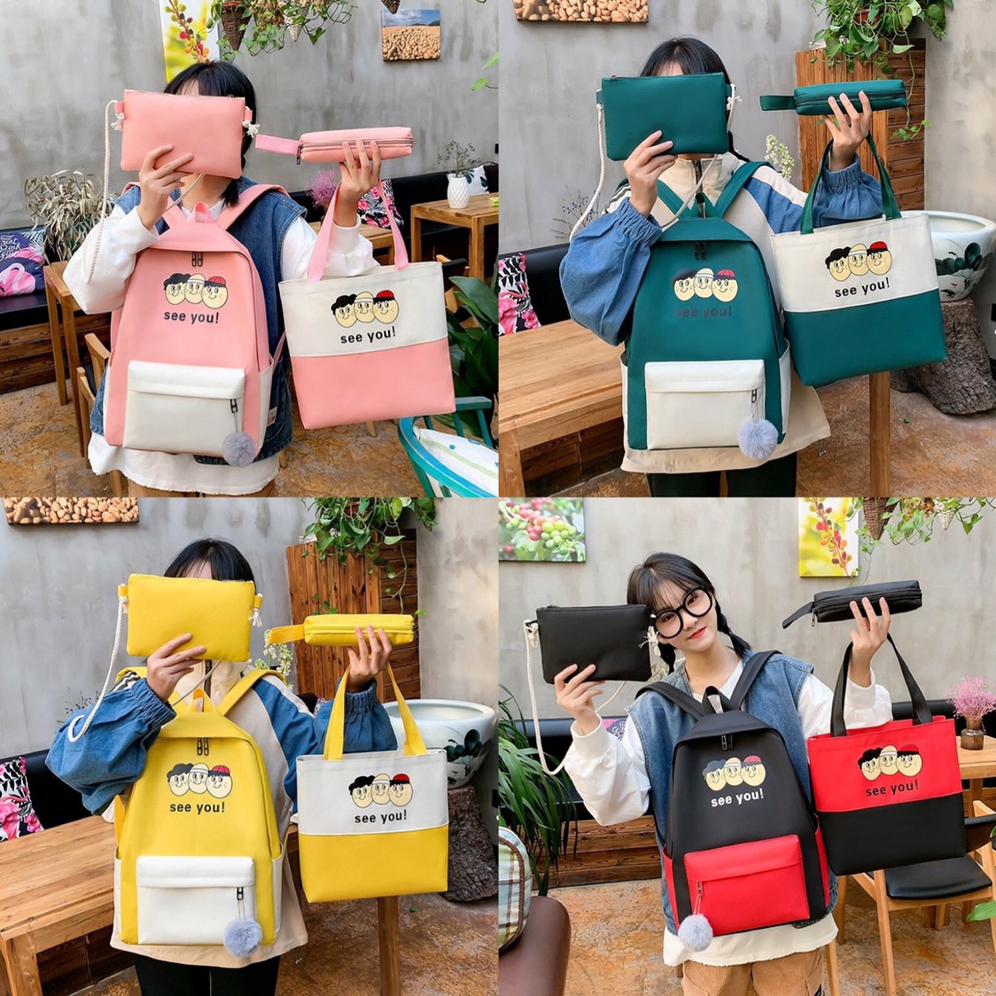 ins Korean version casual student backpack printed four-piece set