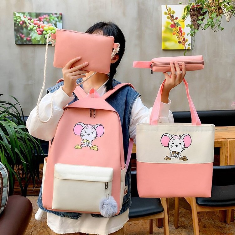 Versión coreana casual estudiante de cuatro piezas mochila con patrón de rata details Picture
