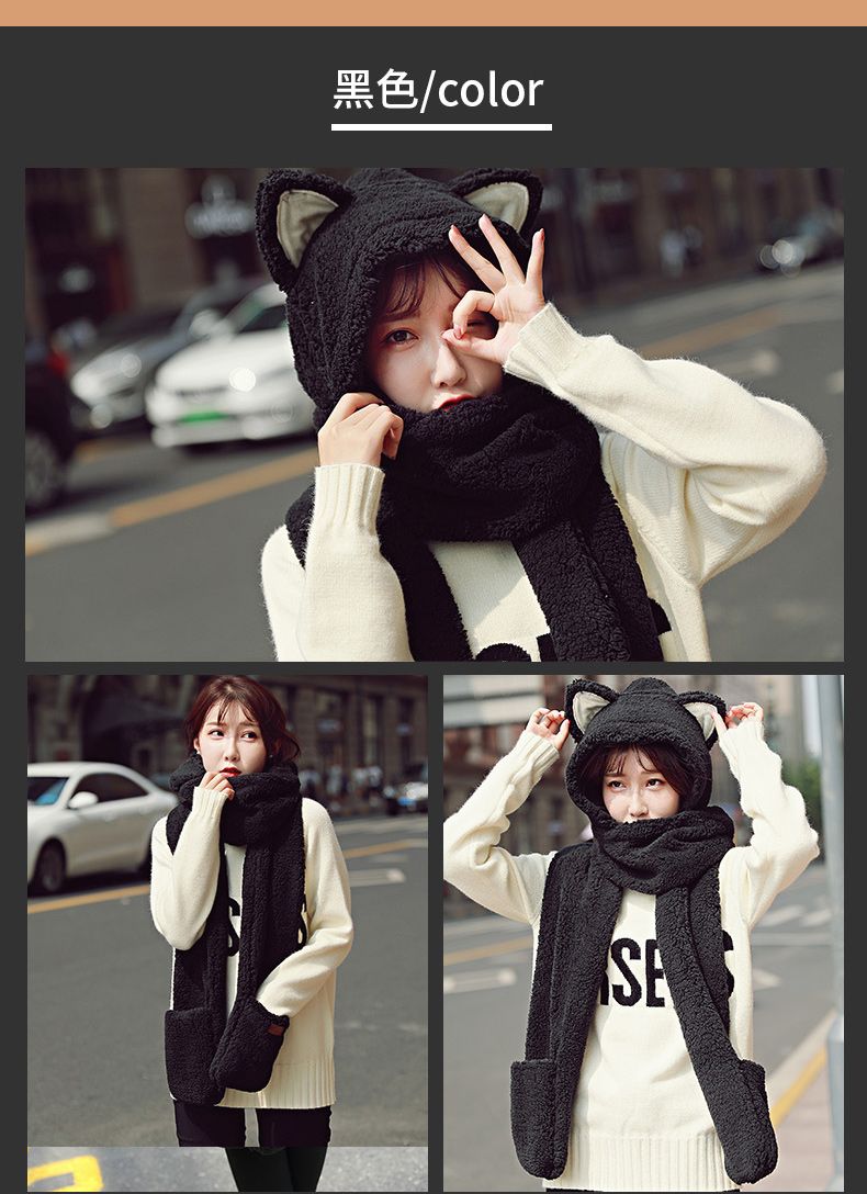 A plush hat, scarf and gloves set for a cute winter girl with thick cat ears and warm three-piece cycling neck detail image 16