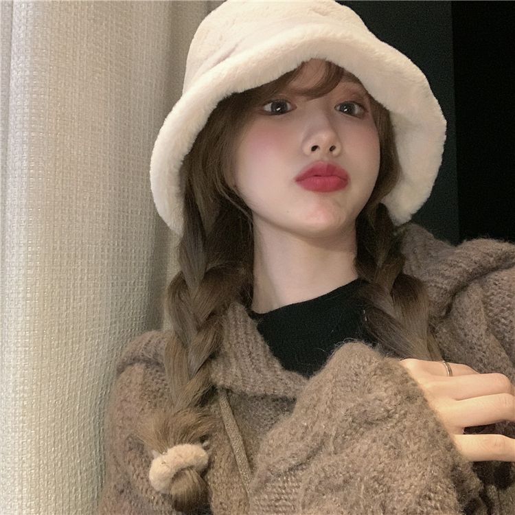 Flat Top Japanese Fisherman Hat Basin Hat With Solid Color Warm Thick Autumn And Winter Korean Version Of Instagram Tide Imitation Fur Hat Woman Specification drawing