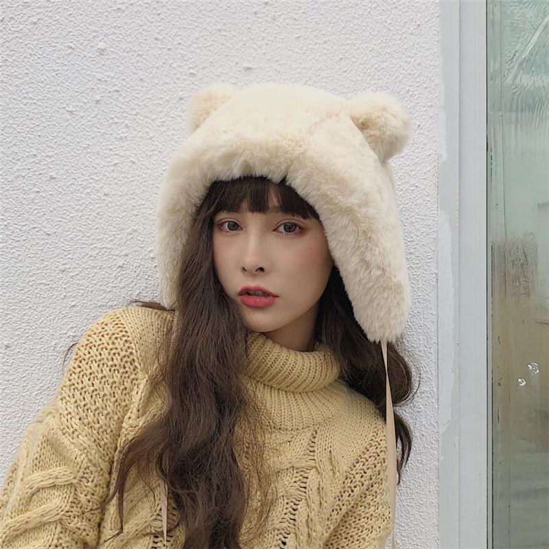 Soft Sister Cute Sell Cute Bear Ears Hairball Lei Feng Hat Korean Version Of Ins Warm Plush Ear Protection Flying Cap Item Picture