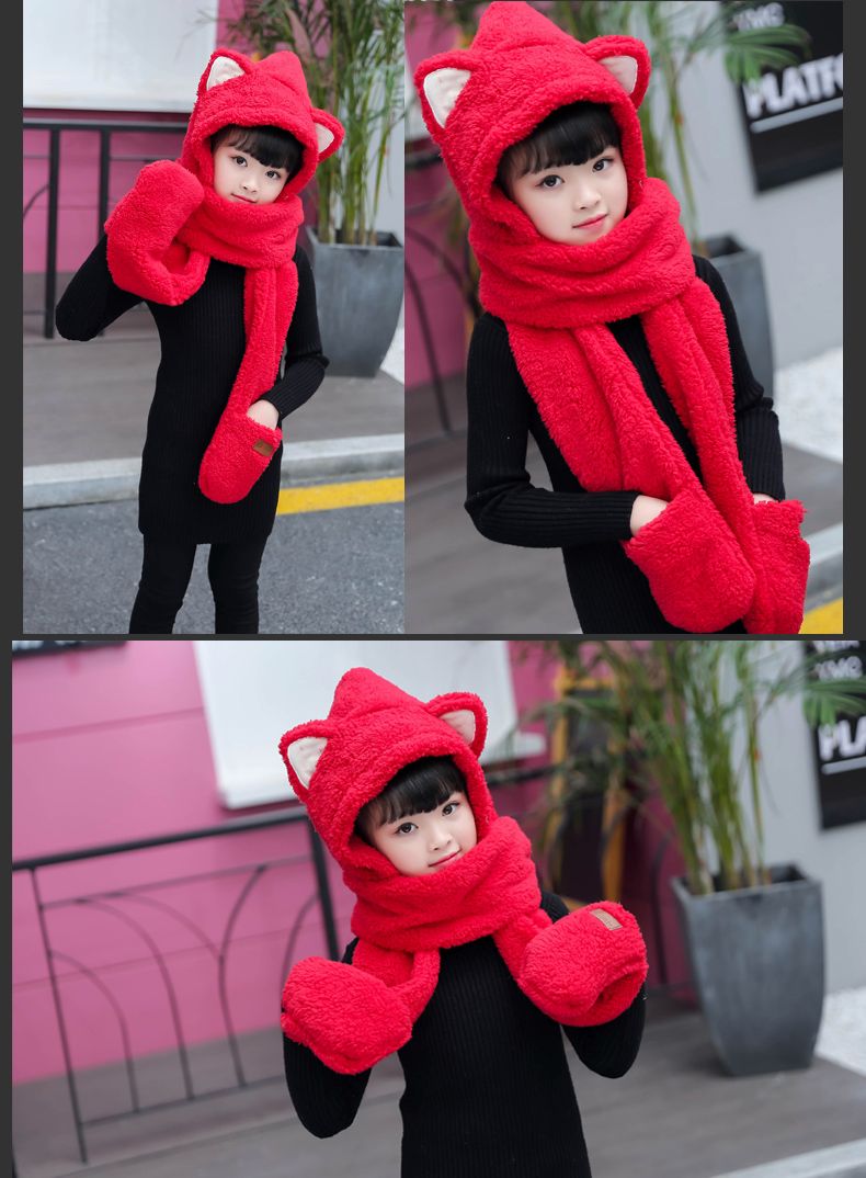 A practical and cute one-piece hat and scarf with little bear ears. A fluffy lambskin scarf for winter girls to keep warm detail image 15