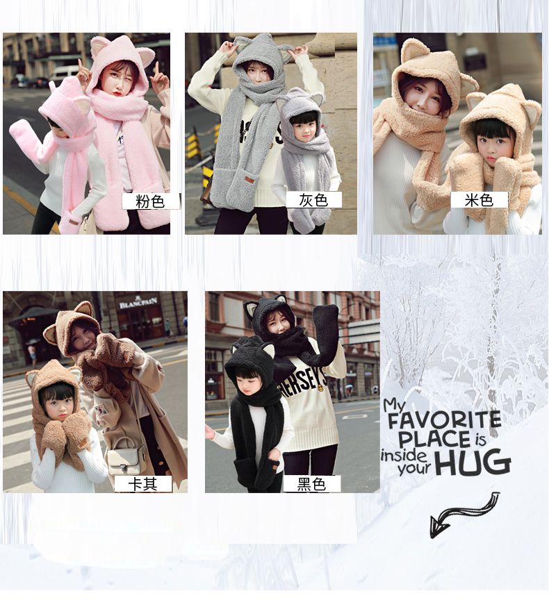 Winter thickened bear ears, one-piece scarf and hat, lambskin scarf, Korean version, cute and versatile, plush girl student detail image 9