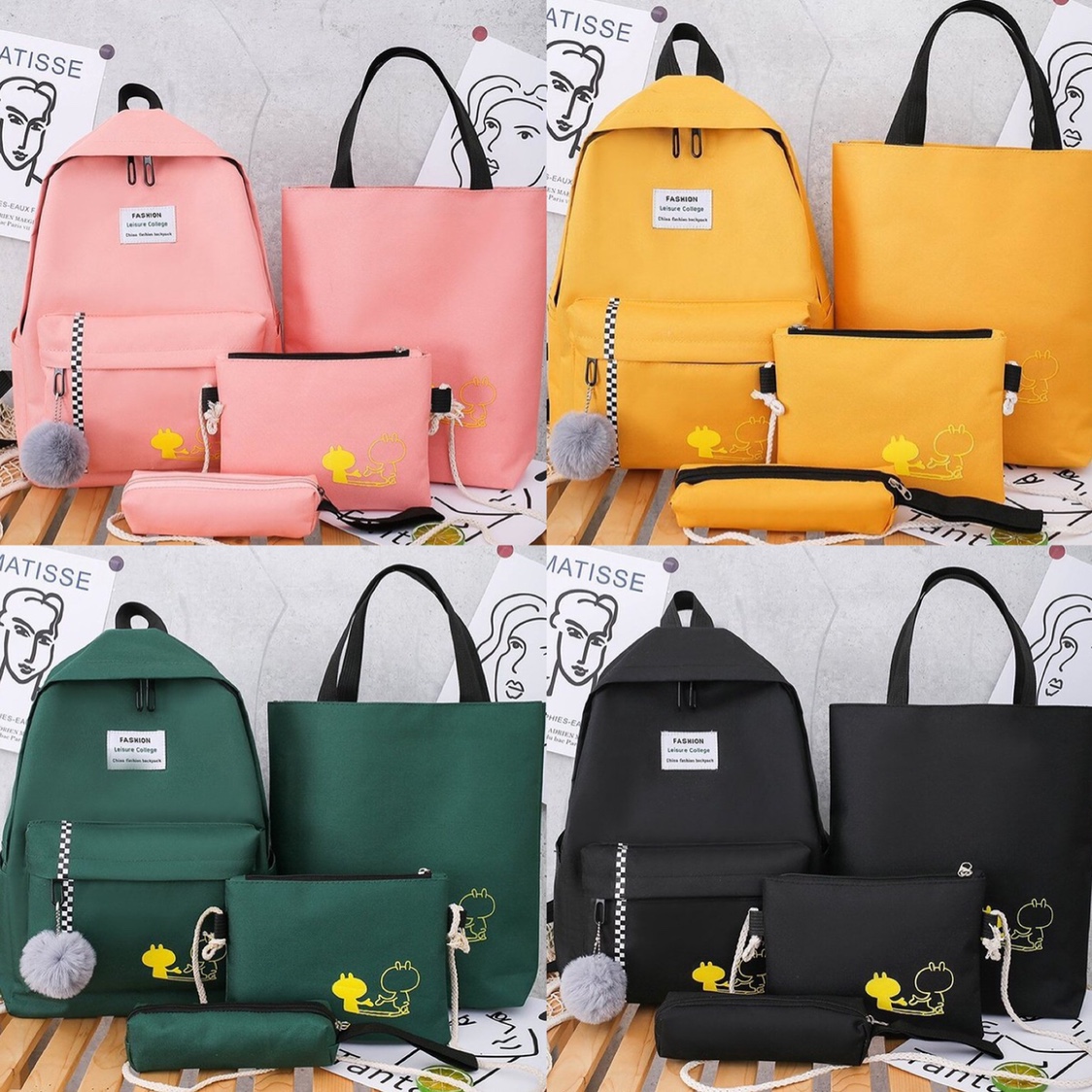 Korean version of the school style four-piece set of student backpack emoticon patterns