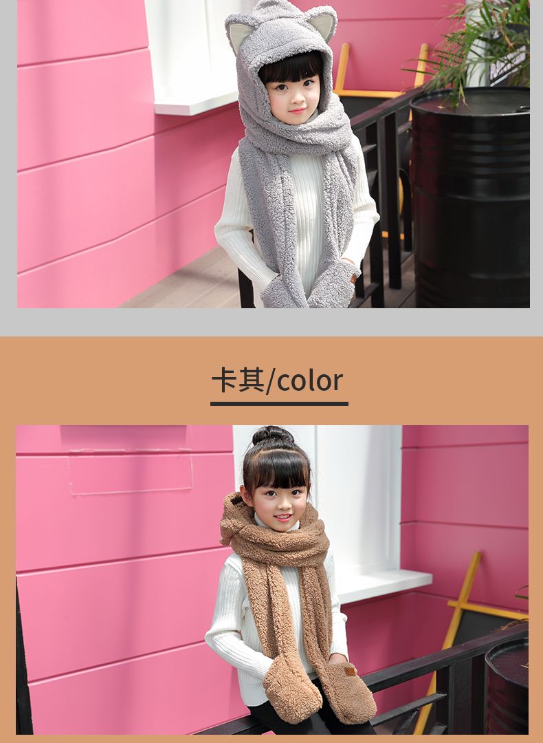 A practical and cute one-piece hat and scarf with little bear ears. A fluffy lambskin scarf for winter girls to keep warm detail image 11