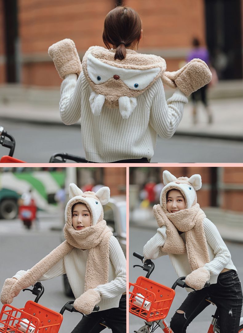 A versatile and cute little ear warm double-layer thickened female autumn and winter fairy hat and scarf two-piece set, a one-piece hat detail image 14