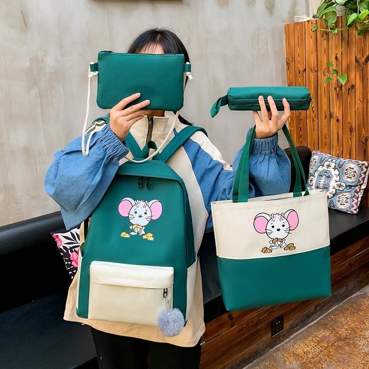 Versión coreana casual estudiante de cuatro piezas mochila con patrón de rata Specification image