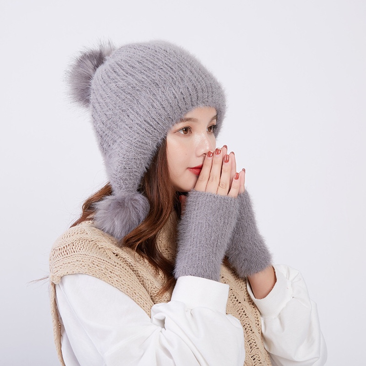 Solid-color knitted hat with gloves for women's outdoor bell-shaped warm hat in autumn and winter, Korean-style non-pilling flat border windbreaker undefined