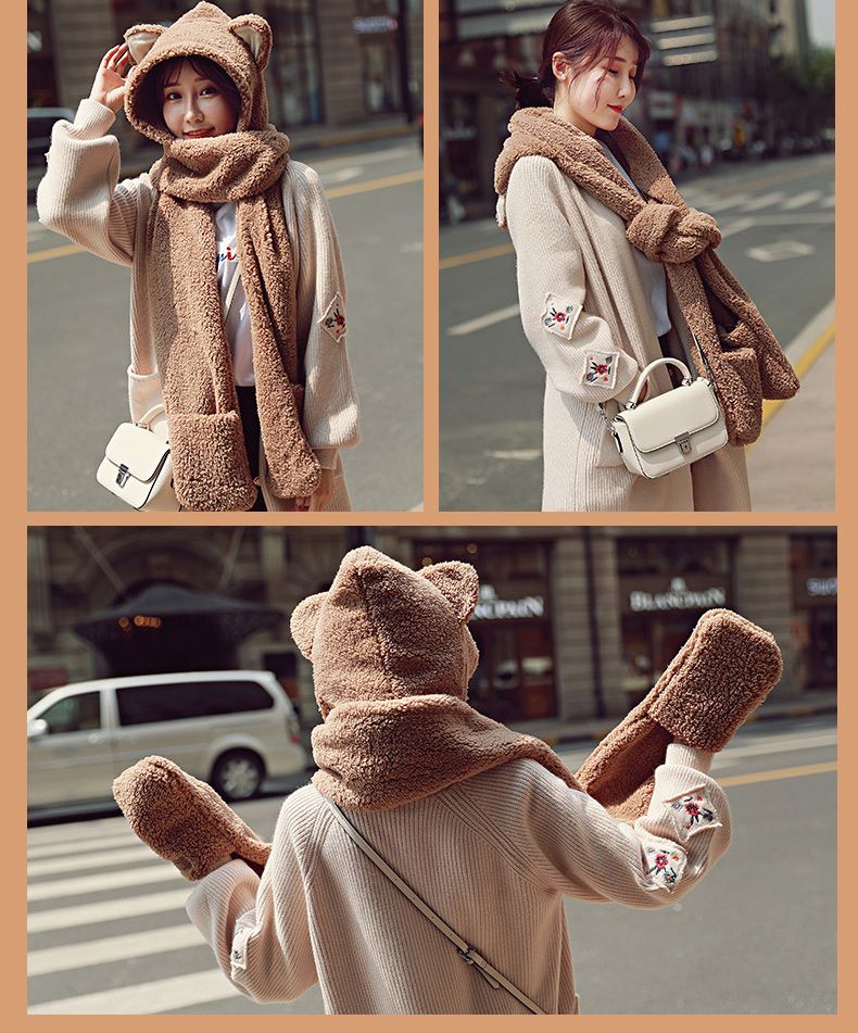 A plush hat, scarf and gloves set for a cute winter girl with thick cat ears and warm three-piece cycling neck detail image 15