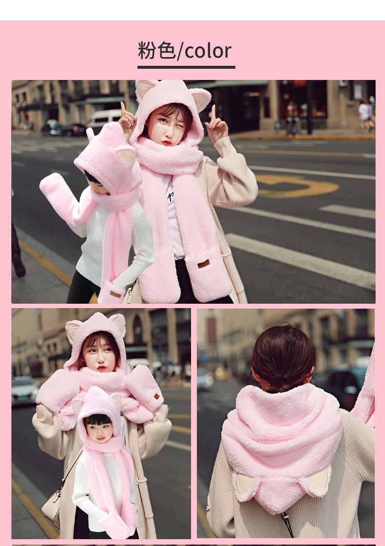Winter thickened bear ears, one-piece scarf and hat, lambskin scarf, Korean version, cute and versatile, plush girl student detail image 10