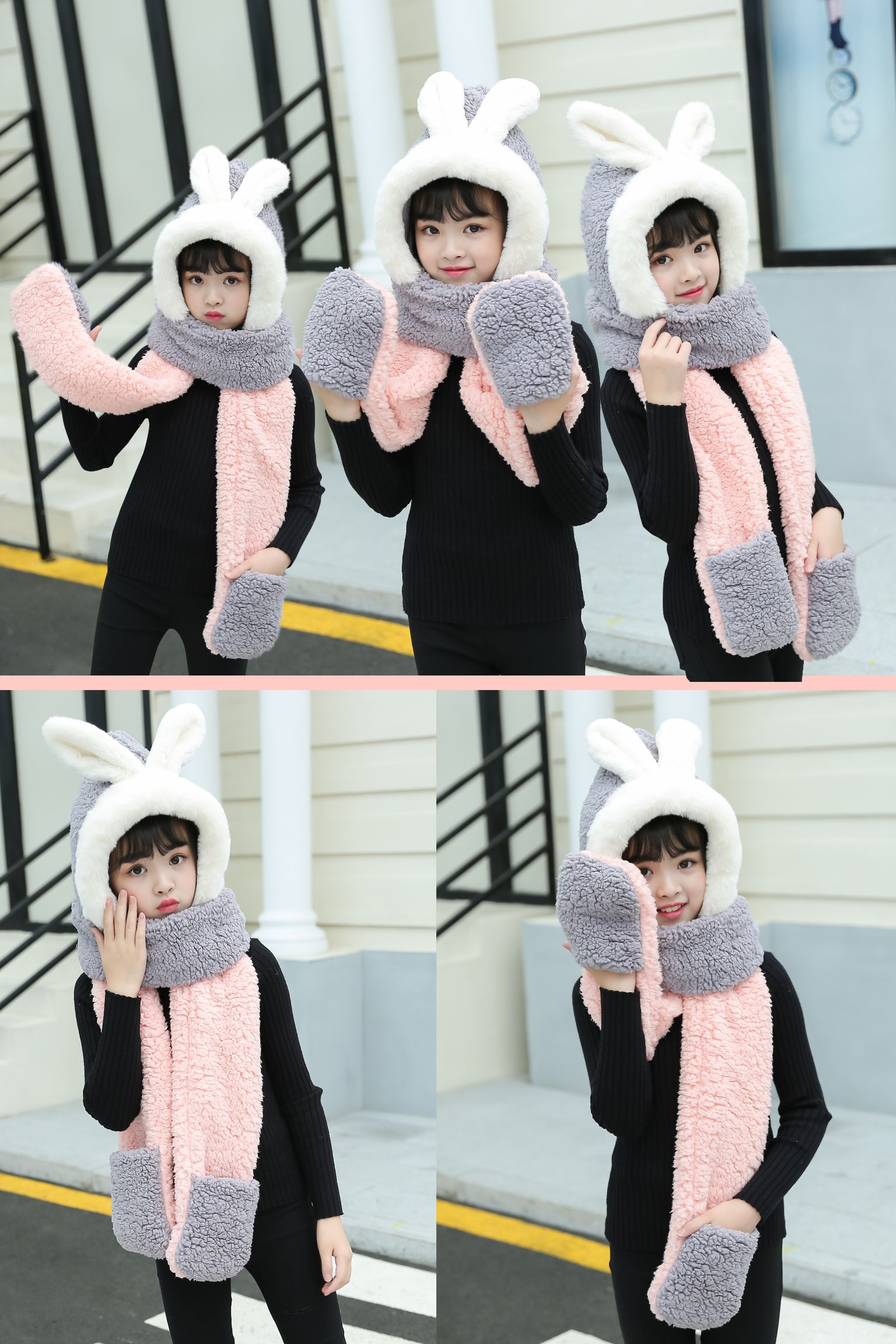Gloves Scarf Children's Hat Hairy Big Child Panda Coral Velvet Three Ears Winter Cap Boy Baby One undefined