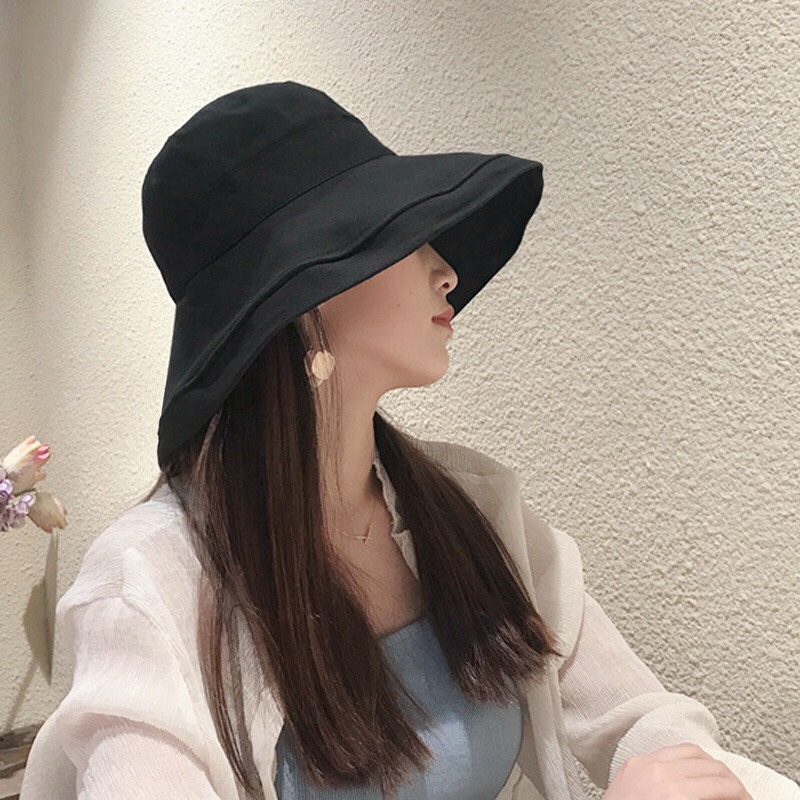 Black fisherman's hat for women, summer Korean style, trendy and versatile, wide-brimmed sun hat for sun protection and face shielding, Japanese-style large brim Specification image